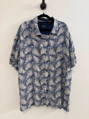 Silk & Cotton Nat Nast Blue & White Palm-Print Short-Sleeve Button-Down Shirt